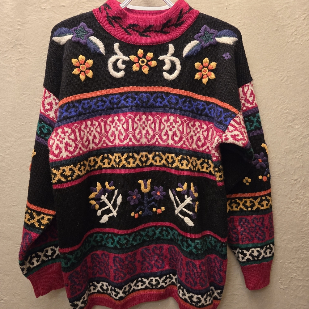 René Derhy Paris Boho Folk Sweater | Embroidered Wool Blend | Size S